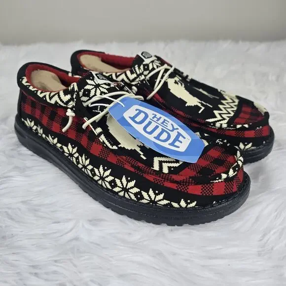 Hey Dude Wally Holiday Cheers Men's Size 9 Black Red Shoes Christmas Dudes